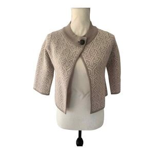 Heather B Tan & White Geometric Design Wool‎ Cropped Cardigan Size PXS